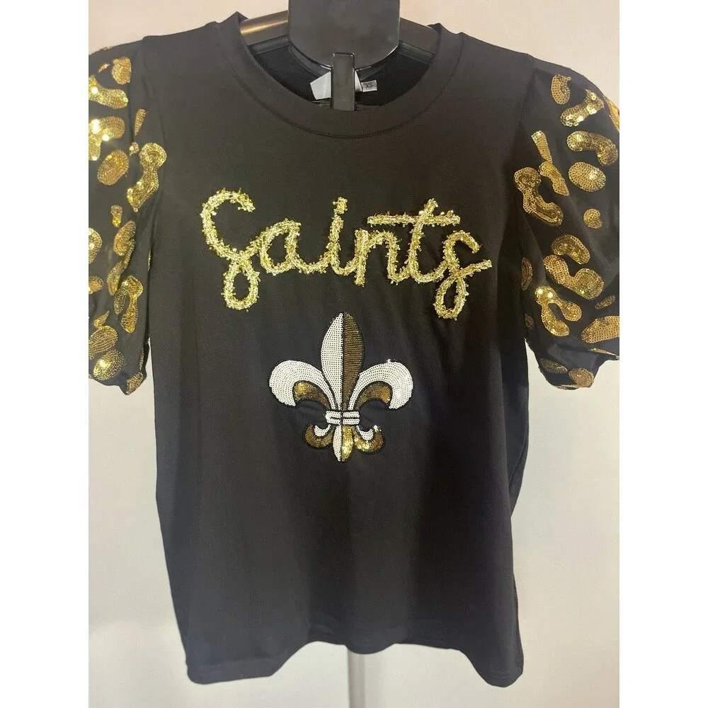 Sash Clothing Bar Saints Sequin Fleur De Lis Top XS Black Gold Puff Sleeve
